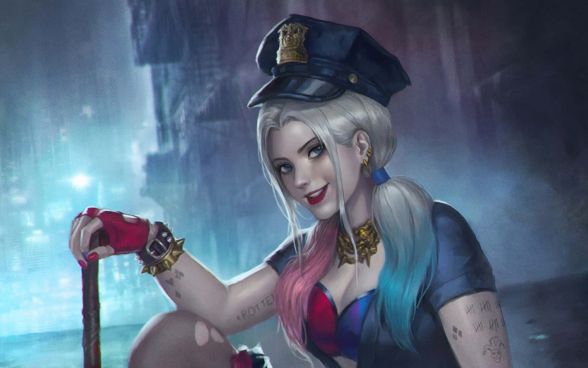 Artwork De Harley Quinn Avec Chapeau De Police Fond d'écran