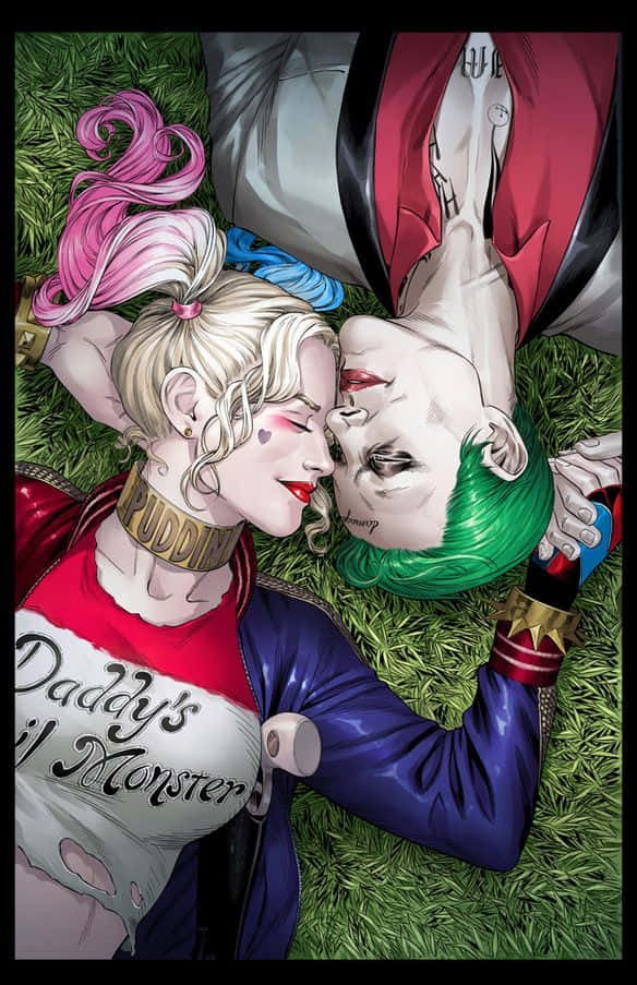 Harley Quinn En Joker Intiem Moment Achtergrond