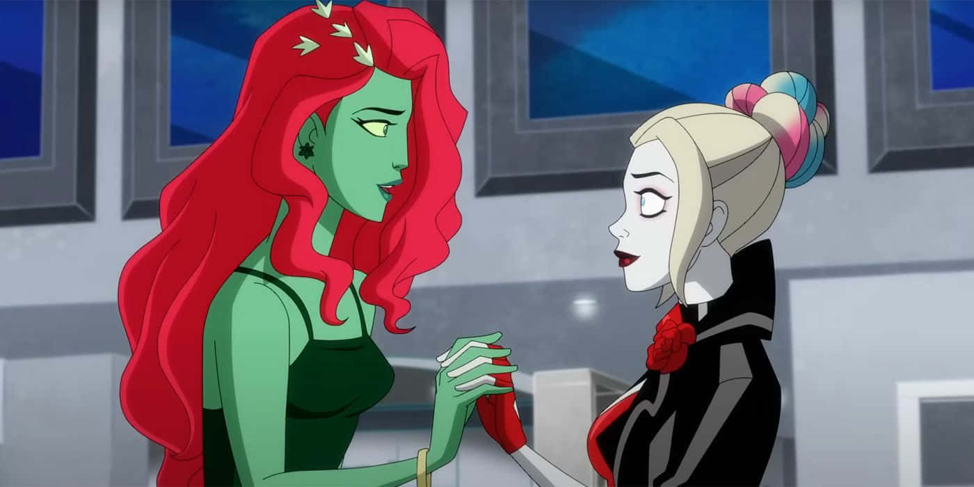 Harley Quinn En Poison Ivy Geanimeerde Ontmoeting Achtergrond