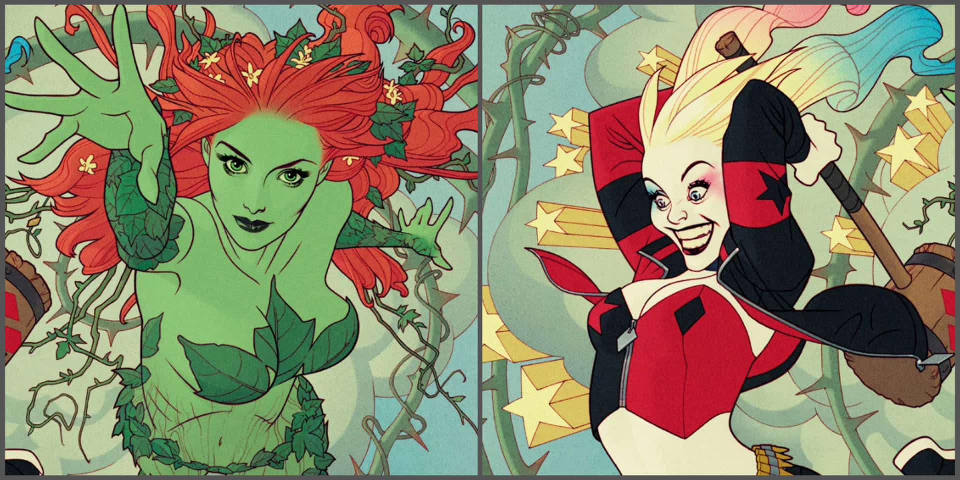 Karya Seni Harley Quinn Dan Poison Ivy Wallpaper