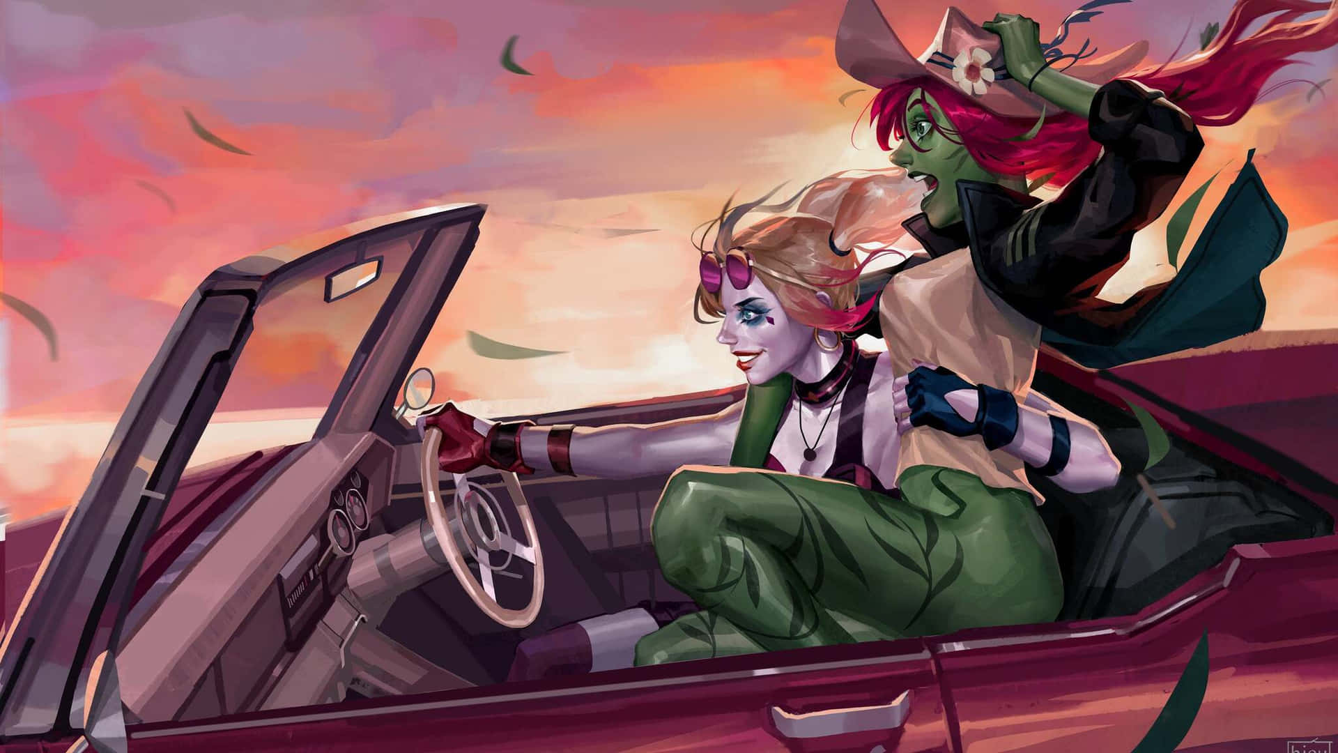 Harley Quinn En Poison Ivy Roadtrip Achtergrond