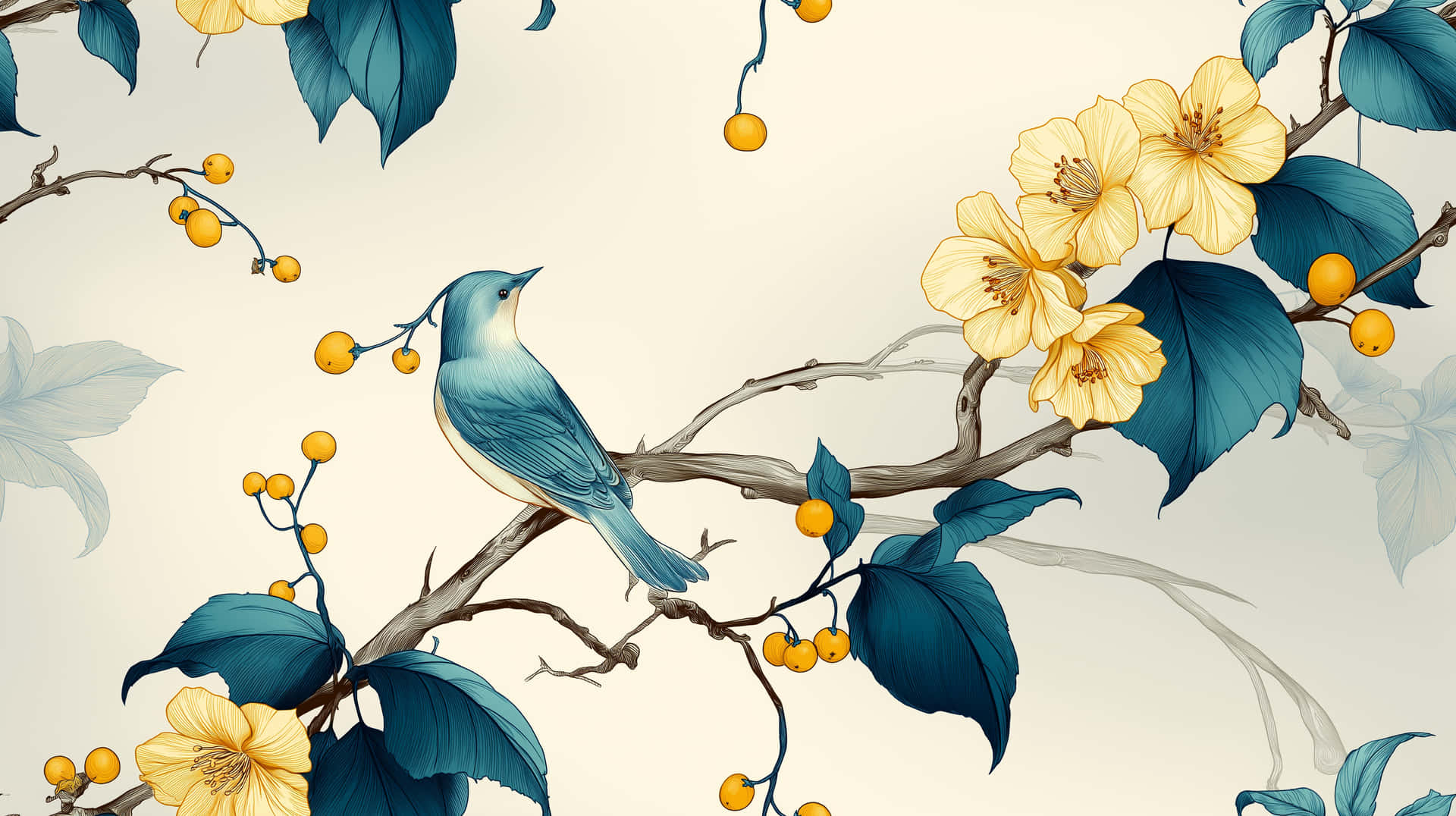 Harmonious Botanical Pattern With Avian Figure And Blossoms Wallpaper