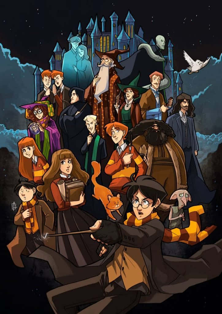 Artede Dibujos Animados De Todos Los Personajes De Harry Potter En Hogwarts. Fondo de pantalla