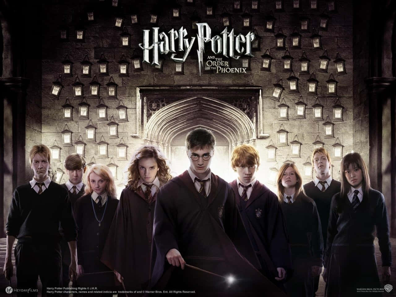 Billede af alle de ikoniske karakterer fra Harry Potter-historien. Wallpaper