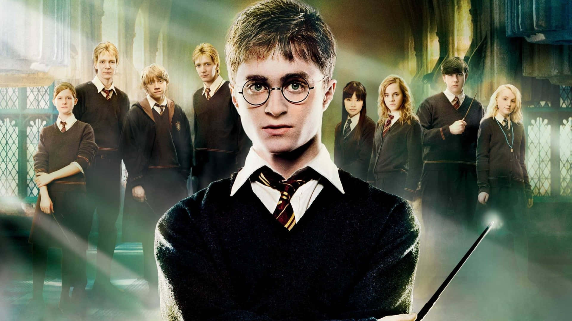 Todoslos Personajes De Harry Potter Detrás De Él. Fondo de pantalla