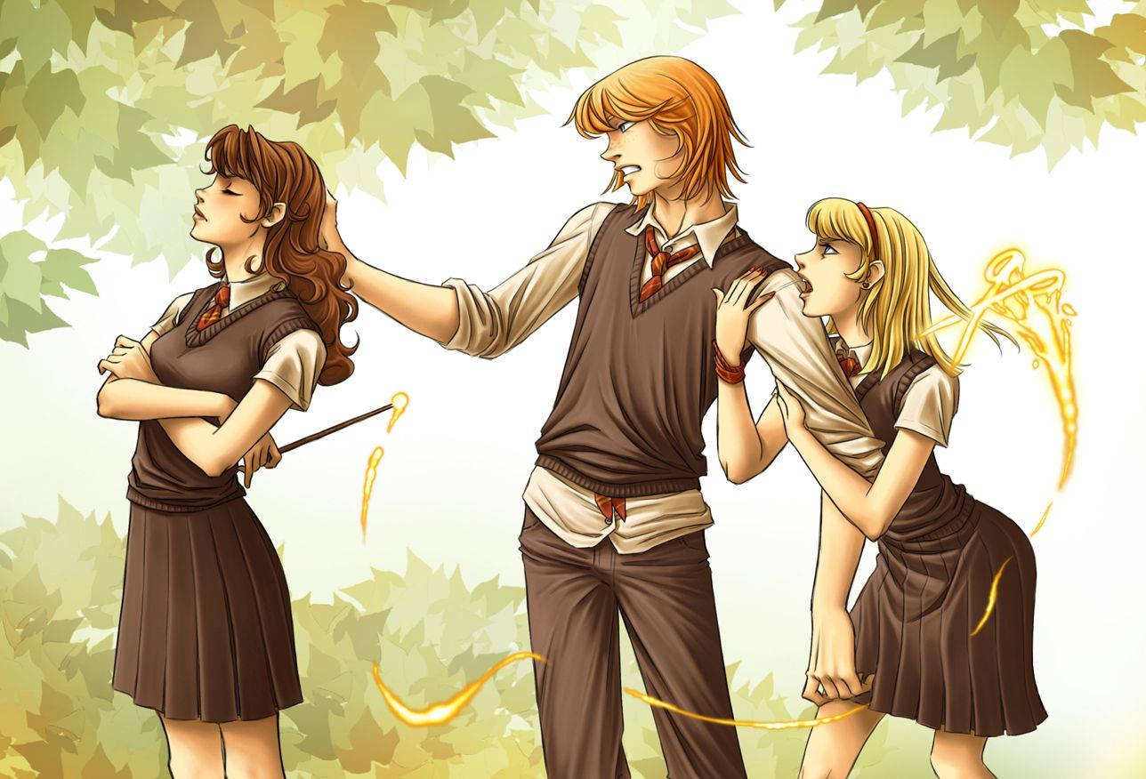 Harry Potter Anime Hermione, Ron, og Lavender teknikolorkorridorer tapet. Wallpaper