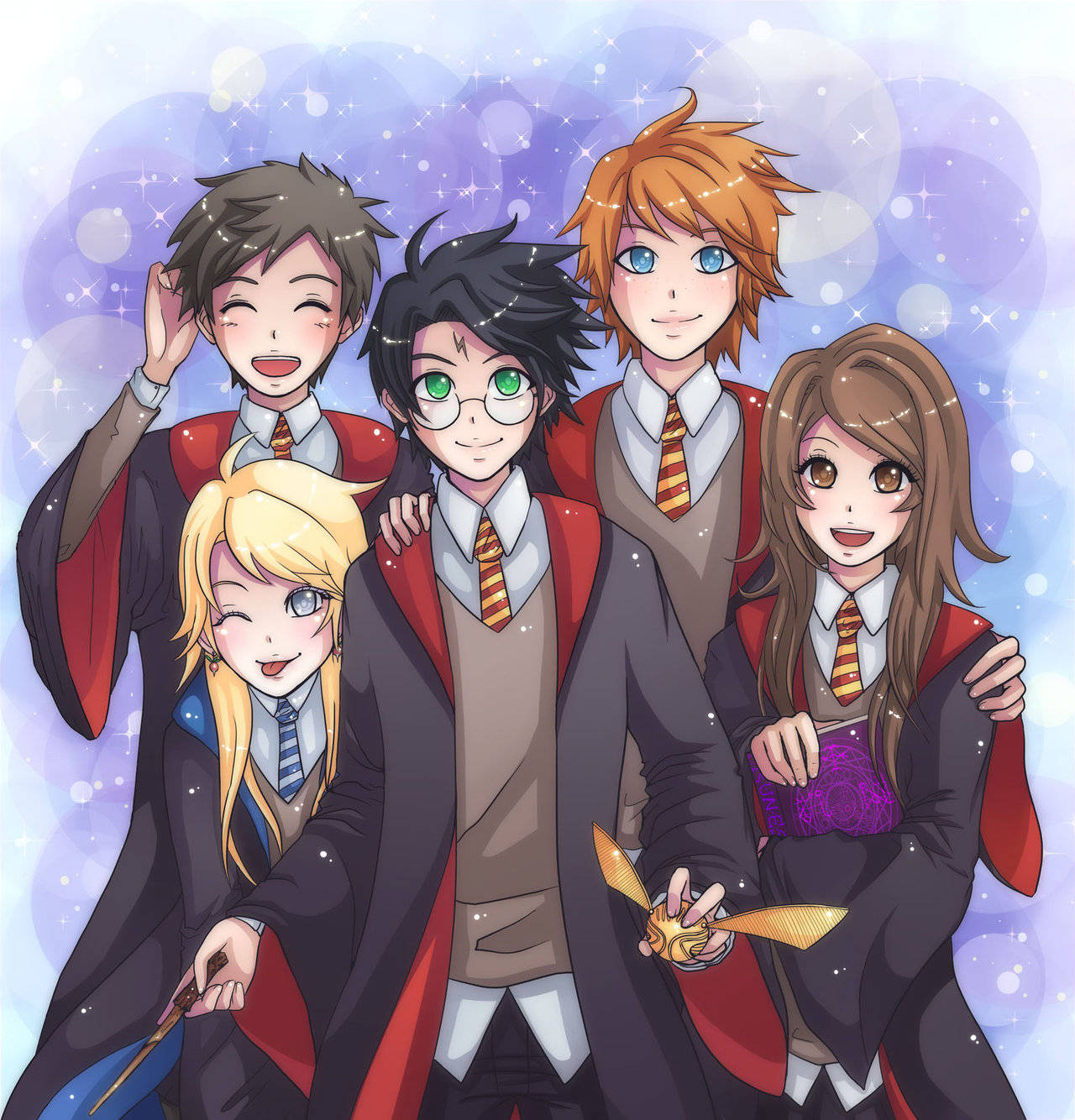 Harry Potter Anime Med Venner Ved Siden Af Wallpaper