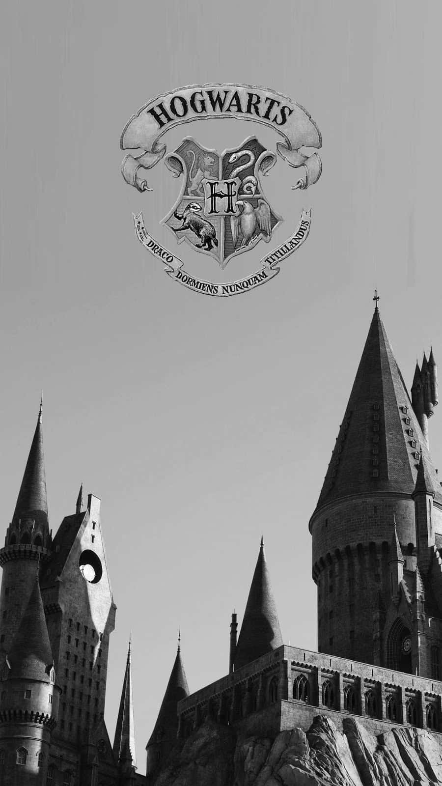 Fondode Pantalla De Harry Potter Con El Escudo De Hogwarts En Blanco Y Negro.