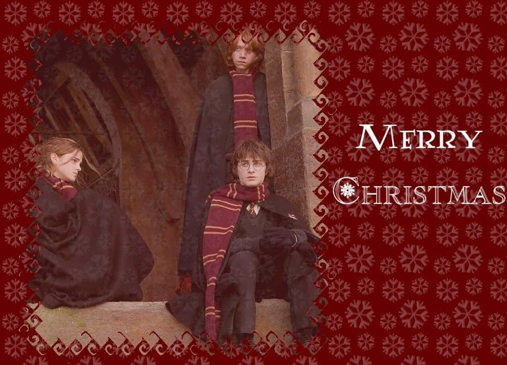 Hermione Granger And Harry Potter Christmas Greeting Wallpaper