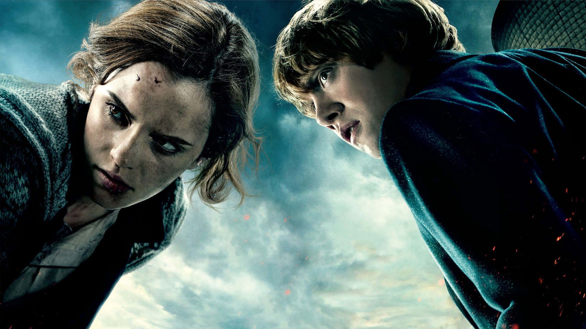 Harry Potter landskab Ron og Hermione flyver magisk besværgelse. Wallpaper