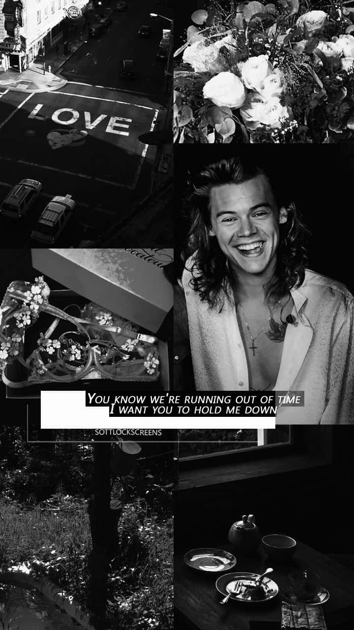 Harry Styles Black And White Collage With Gifts Wallpaper