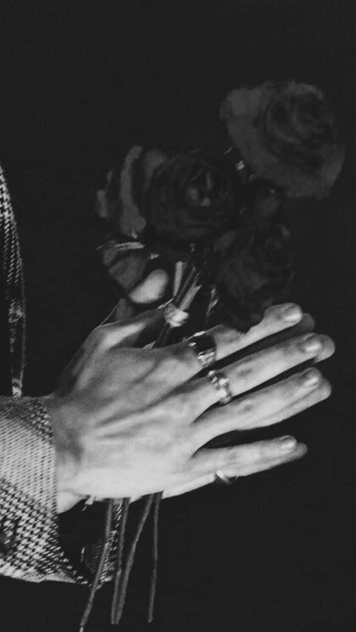 Roses On Hands Of Harry Styles Black And White Wallpaper