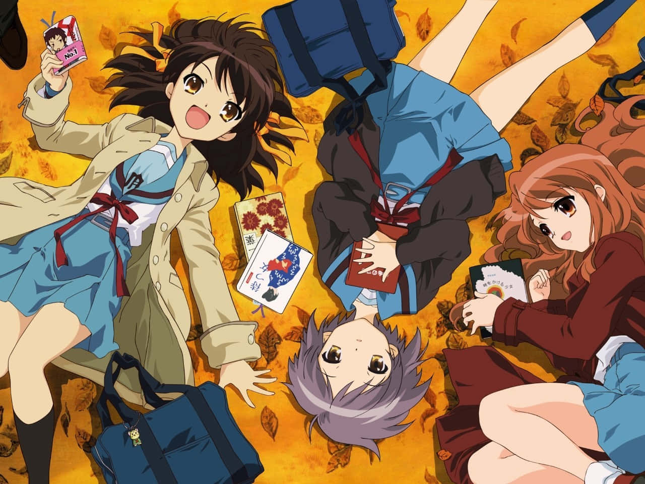 Haruhi,mikuru Y Yuki Tumbadas En Un Fondo De Pantalla De Anime De Otoño. Fondo de pantalla
