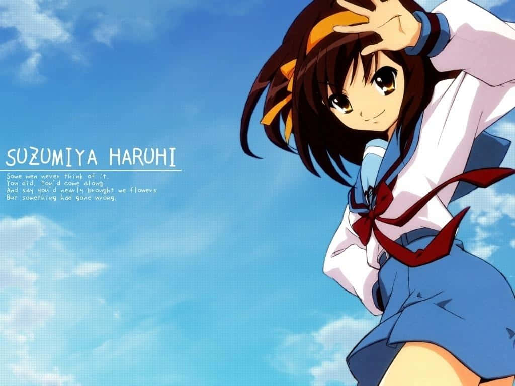 Haruhi Suzumiya confidently posing in her school uniform against a vivid, colorful backdrop Wallpaper