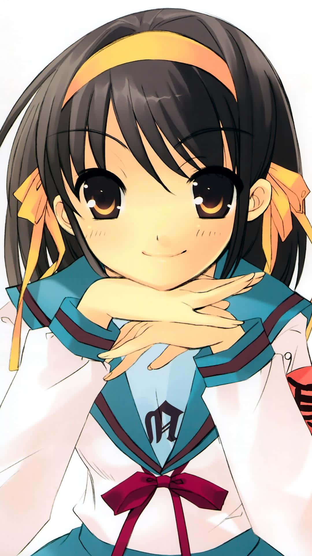 Haruhi Suzumiya striking a confident pose on a colorful background Wallpaper
