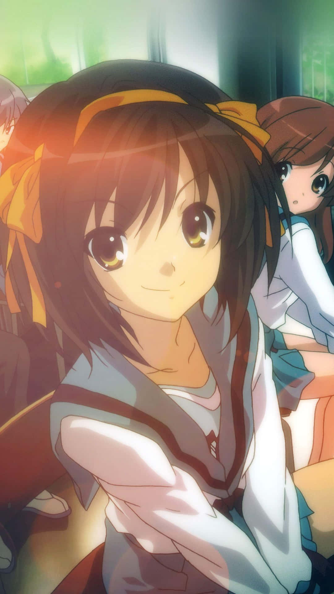 Haruhi Suzumiya striking a pose in her school uniform Wallpaper