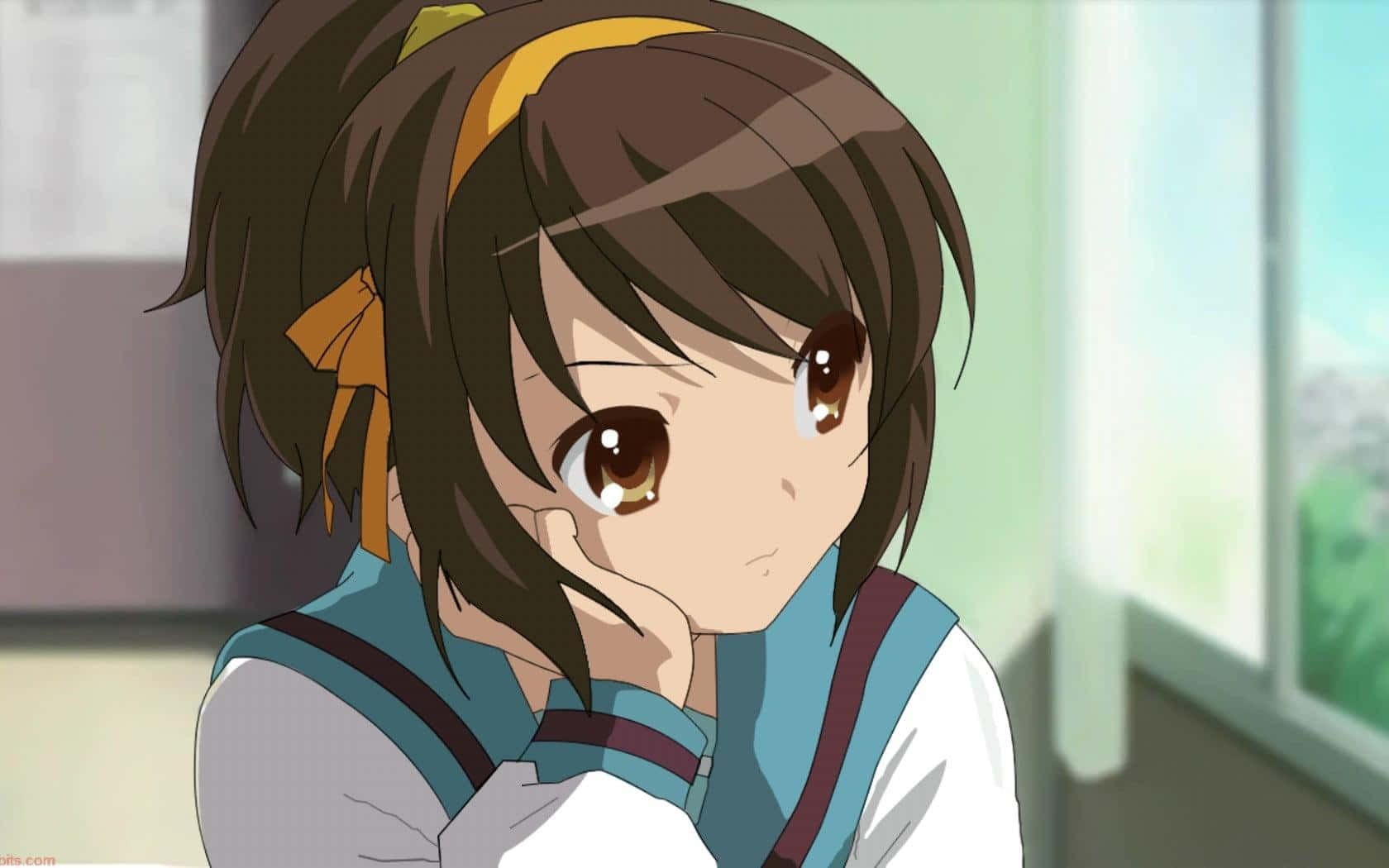 Optimistic Haruhi Suzumiya with her hands wide open in front of beautiful fireworks Wallpaper