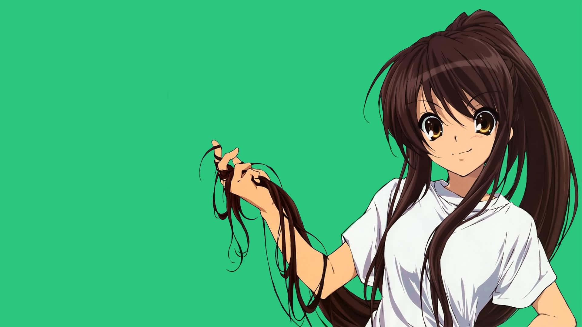 Haruhi Suzumiya posing cheerfully with her friends against a scenic backdrop. Wallpaper