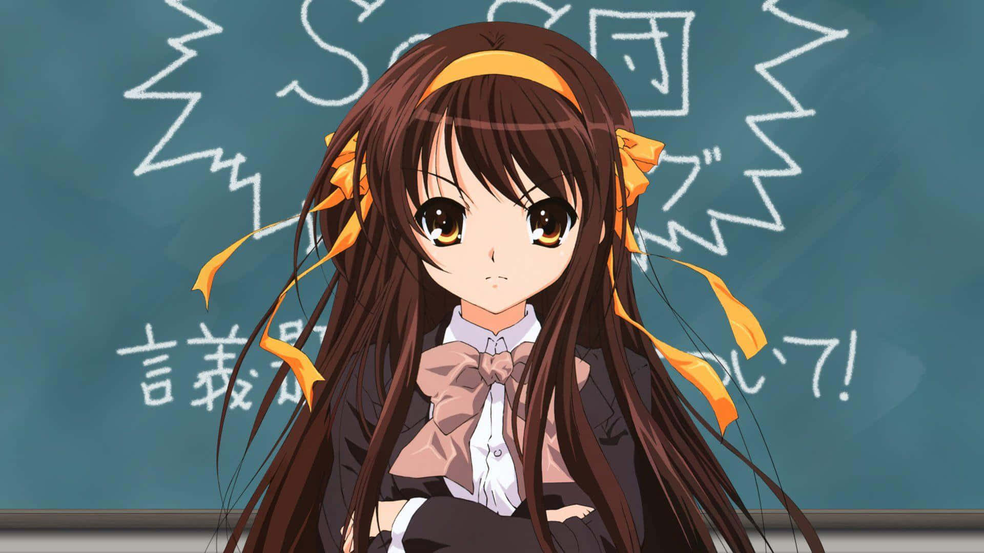 Caption: The Enthusiastic Haruhi Suzumiya with a playful smile Wallpaper