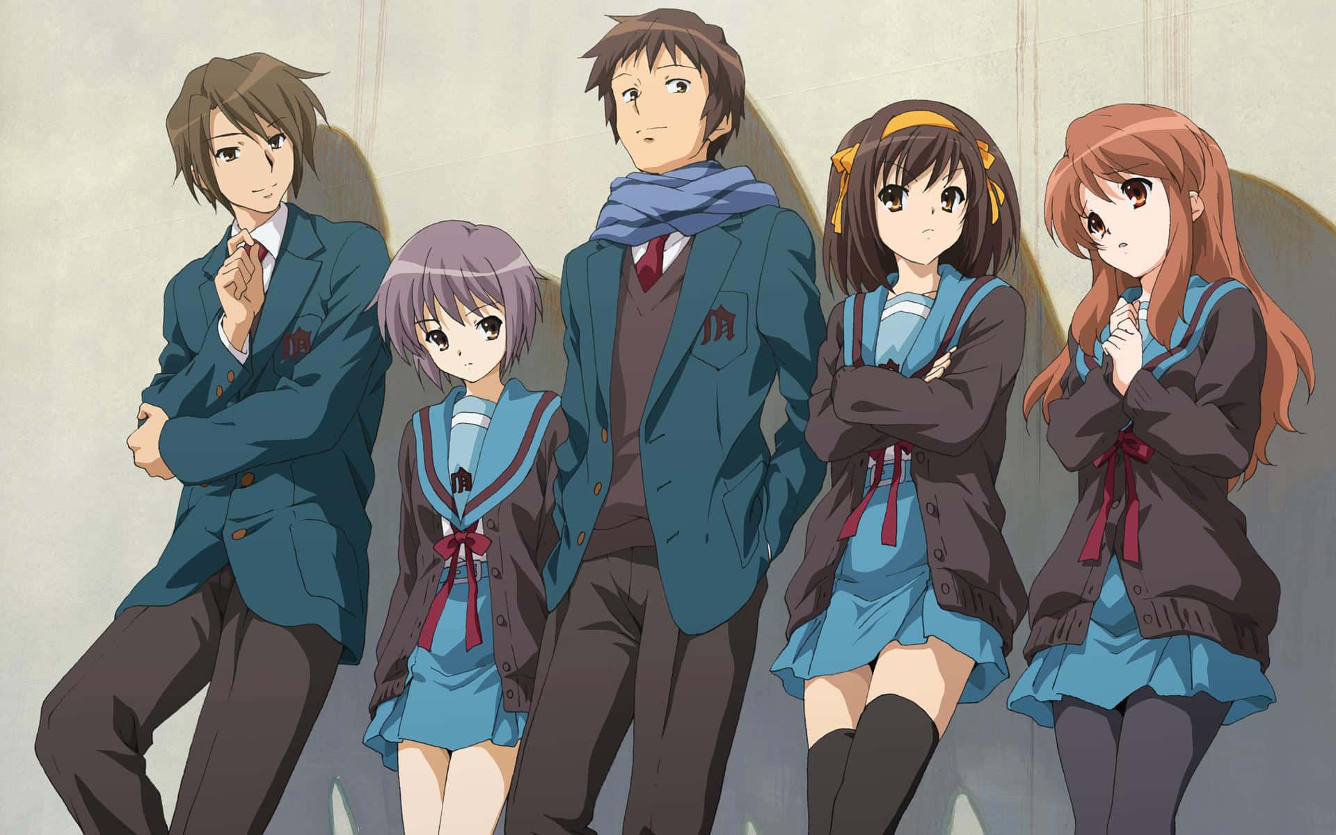 Haruhi Suzumiya Står Selvsikkert I Uniformen Sin Bakgrunnsbildet