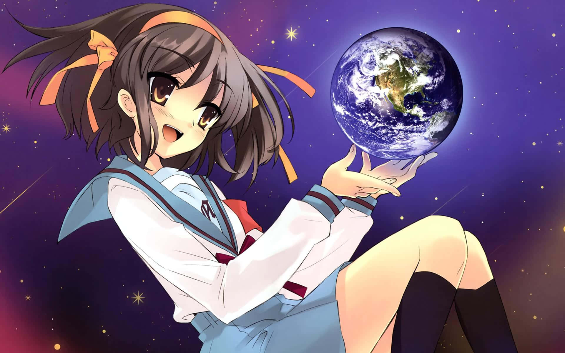 Haruhi Suzumiya Hymyilee Anime-kohtauksessa Taustakuva