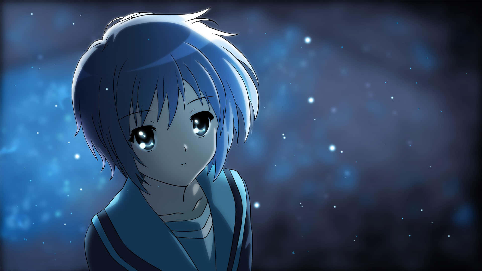 Haruhi Suzumiya standing confidently against a vibrant background Wallpaper