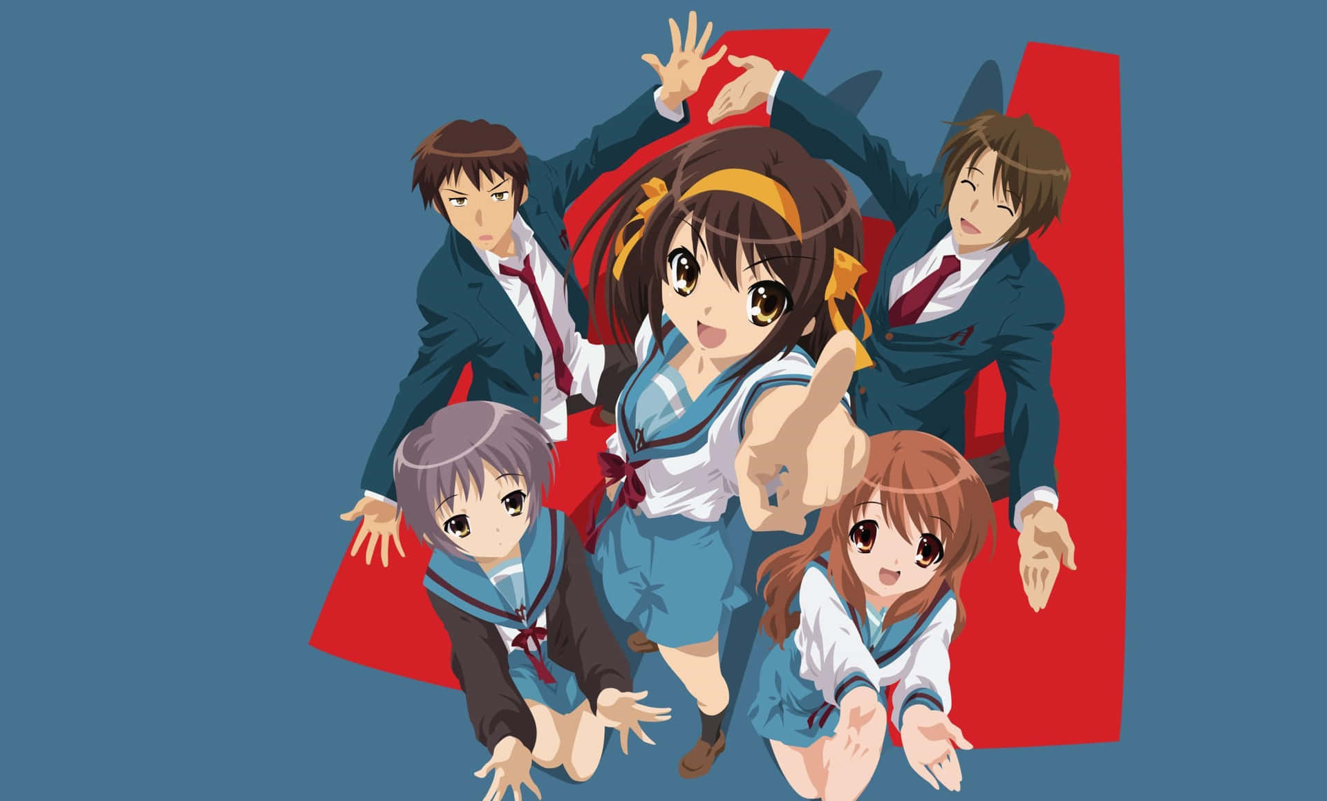 Haruhi Suzumiya and SOS Brigade members in a captivating anime wallpaper Wallpaper