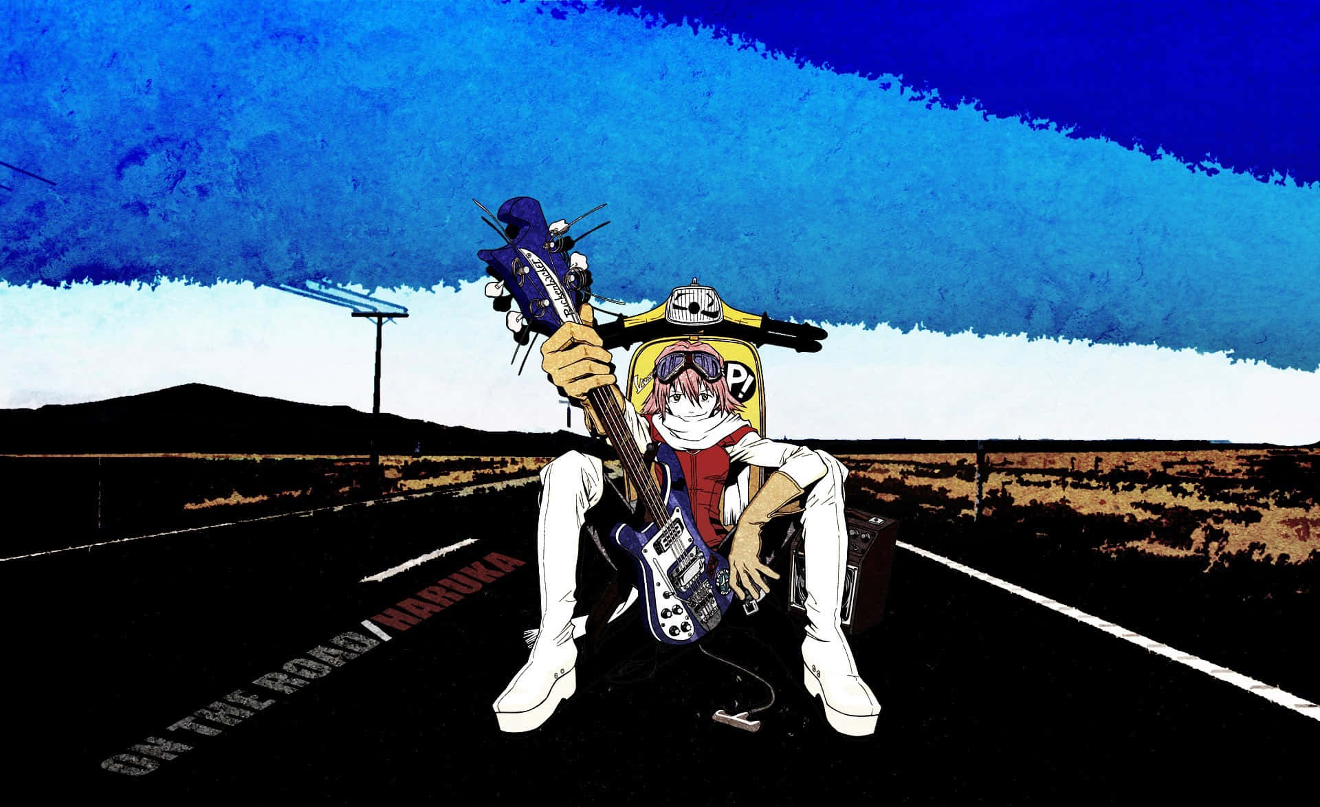 Haruko Haruhara posing with her guitar in an action-packed scene Wallpaper