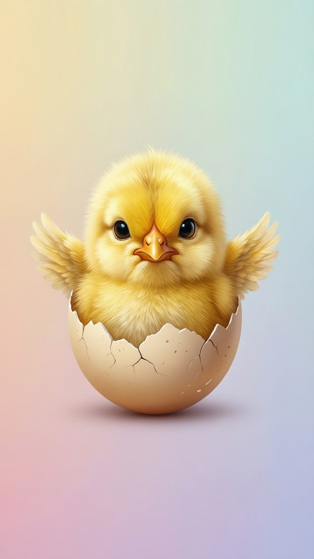 En nyfødt kylling som titter ut av et eggeskall i myk minimal stil.
