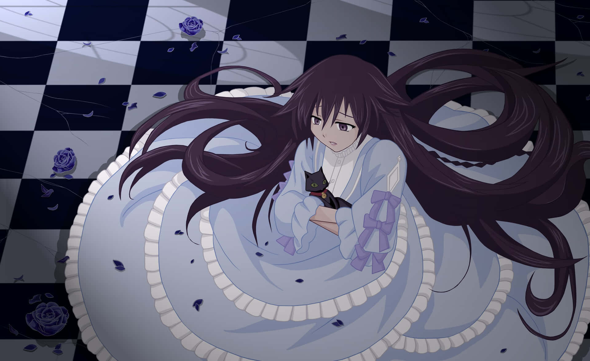 A Girl In A White Dress Sitting On A Checkered Floor Wallpaper