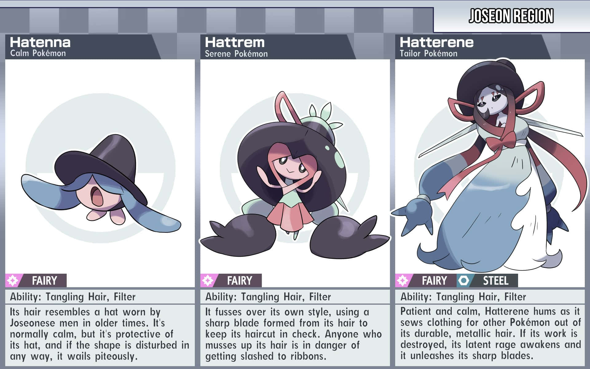 Hatenna, Hattrem, And Hatterene With Descriptions Wallpaper