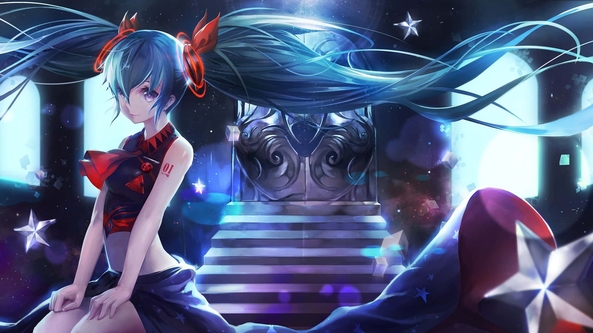 Wearing her signature blue twin tails, Miku Hatsune's confidence and grace mesmerise on this starry night.