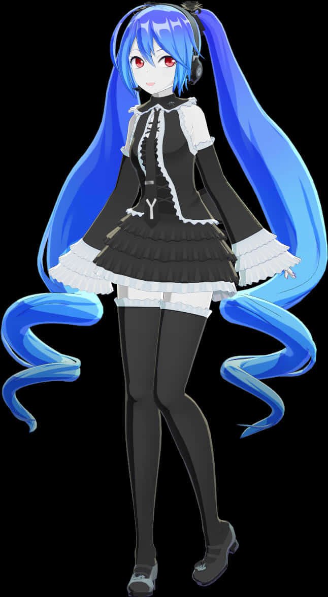 Hatsune Miku Black Dress Blue Hair PNG