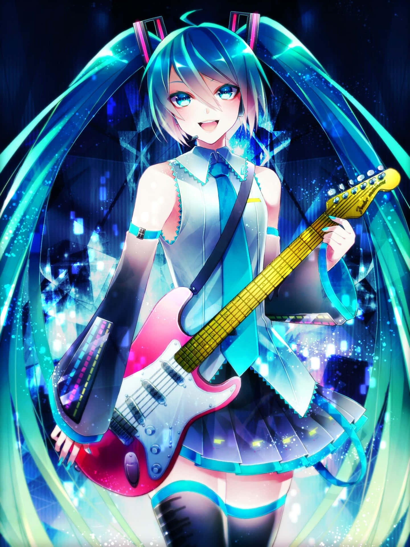 En pige med blåt hår og en guitar Wallpaper