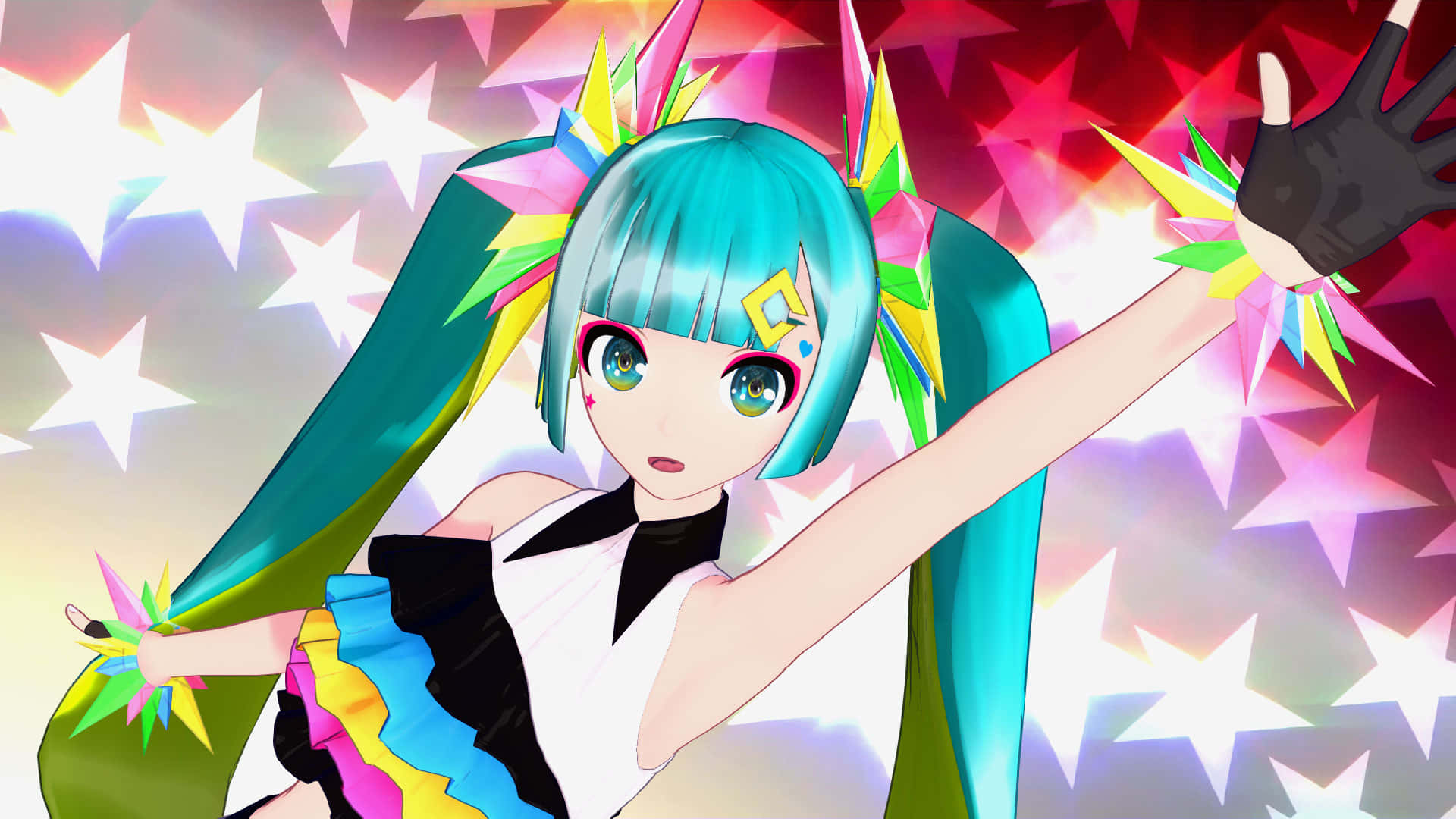 A colorful rendering of Hatsune Miku against a galactic backdrop