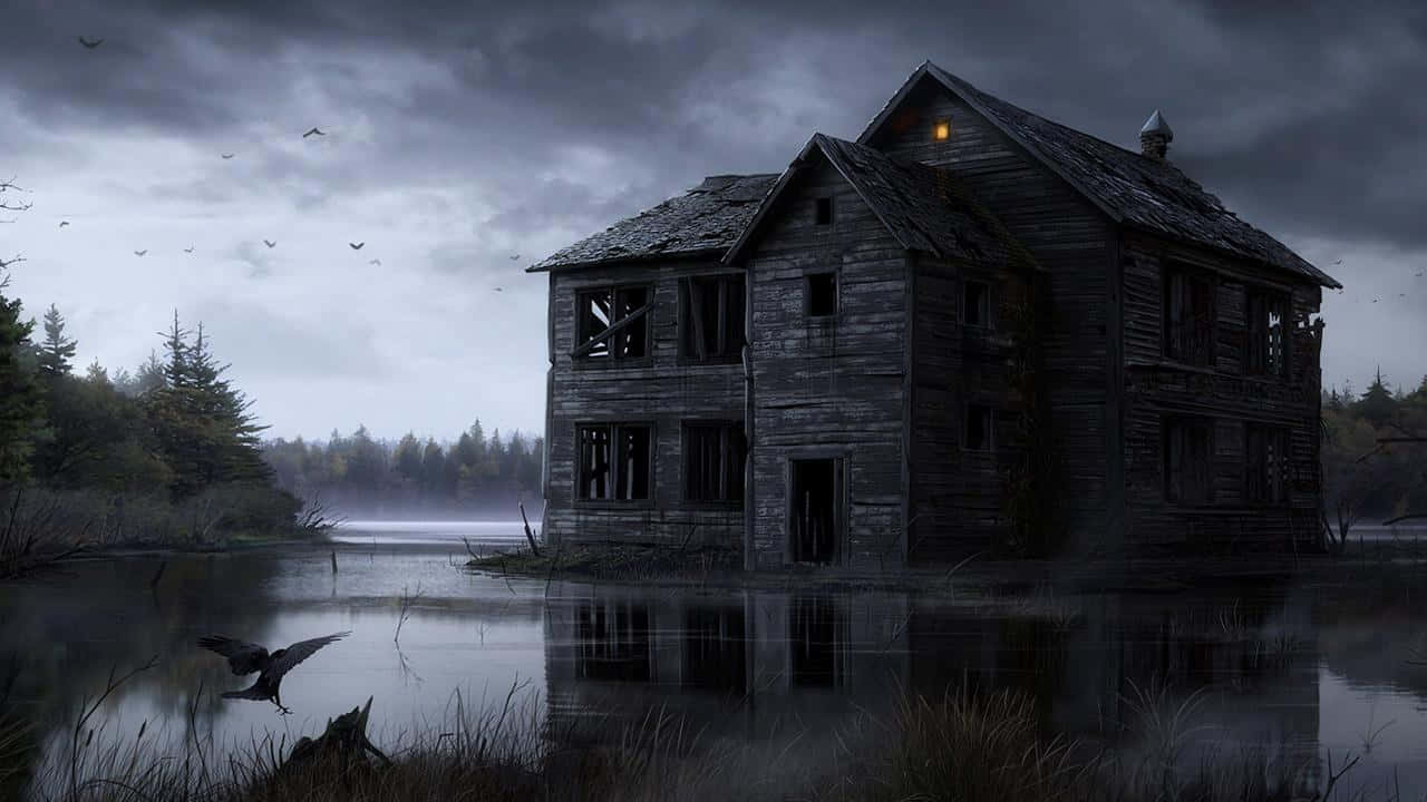 A House In The Water With Birds Flying Around It