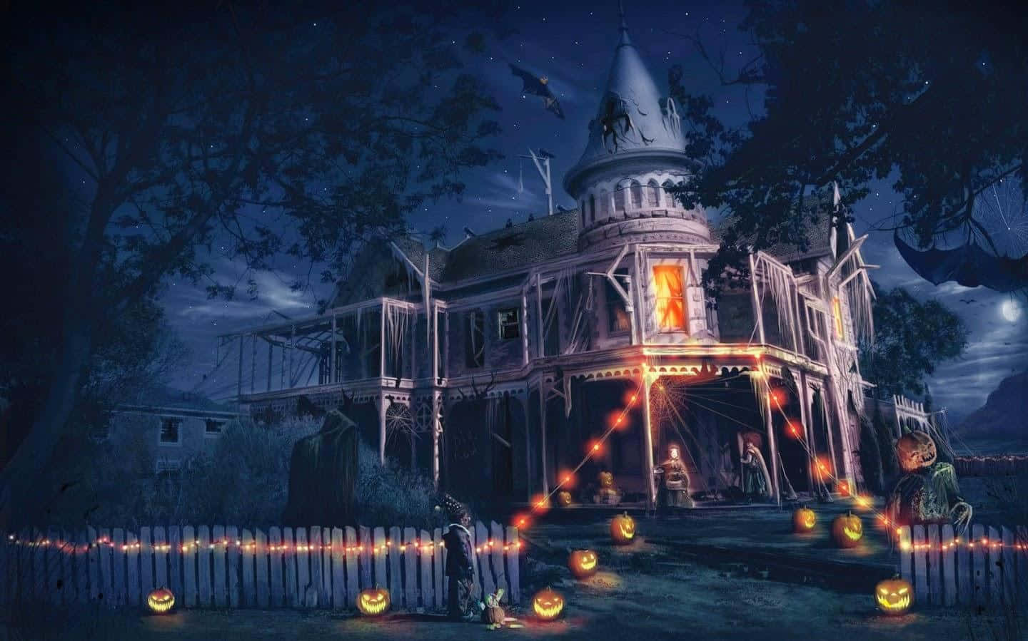 Halloweenhaus Mit Kürbissen Und Lichtern