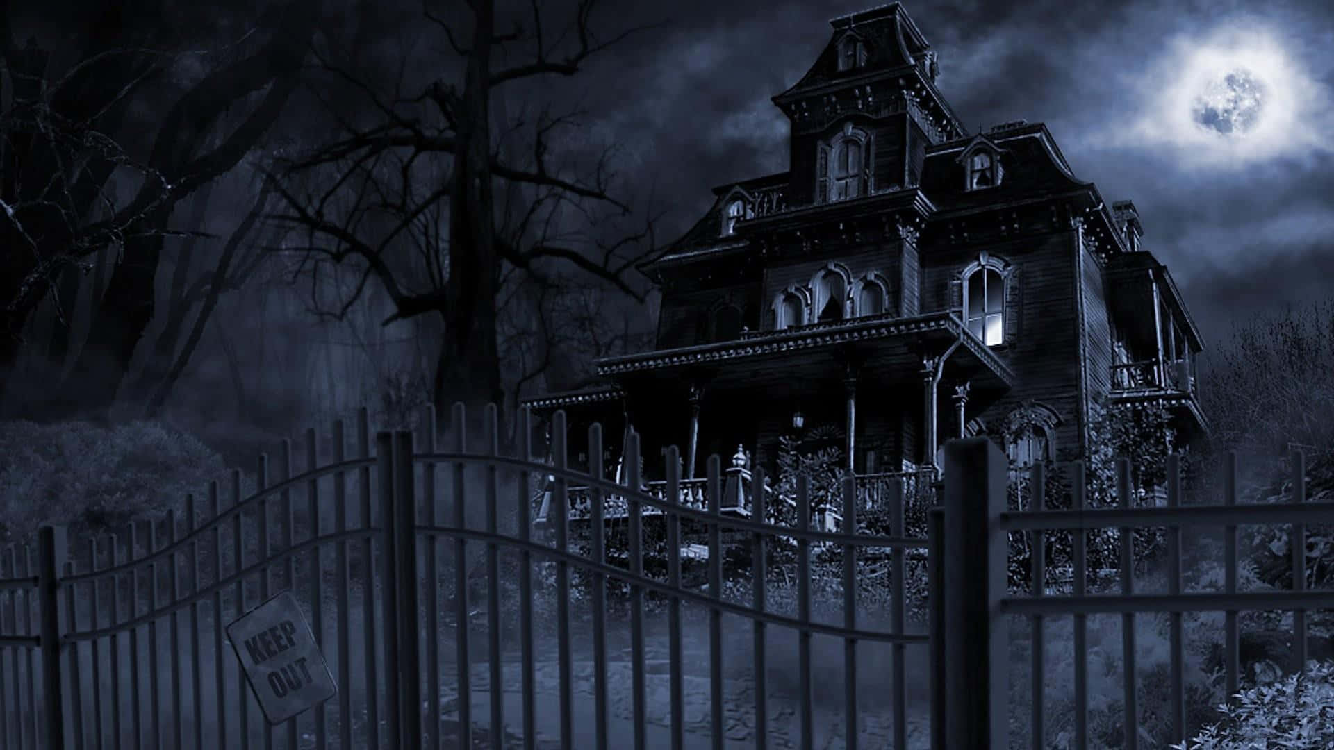 A Scary House With A Gate And A Moon