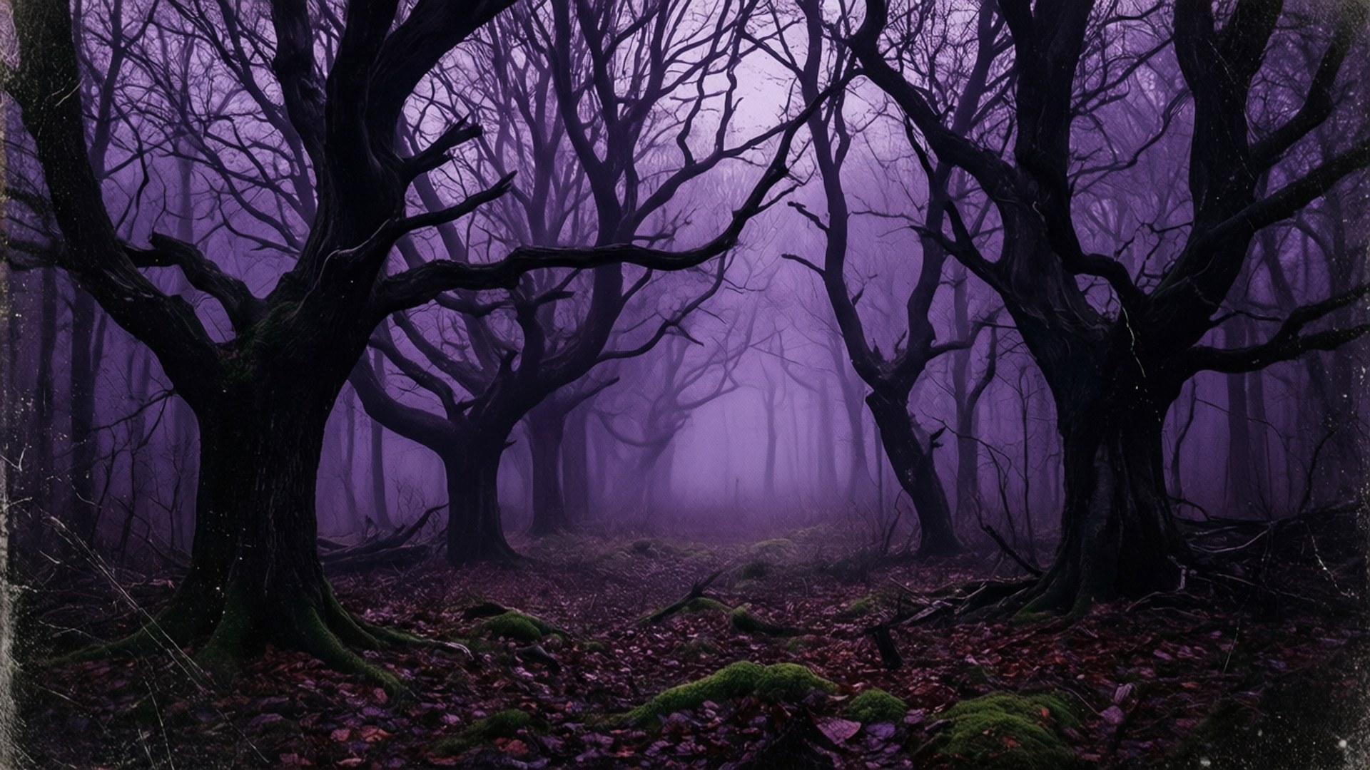 Tumman violetti grunge-metsä sumun ja paljaiden puiden kanssa