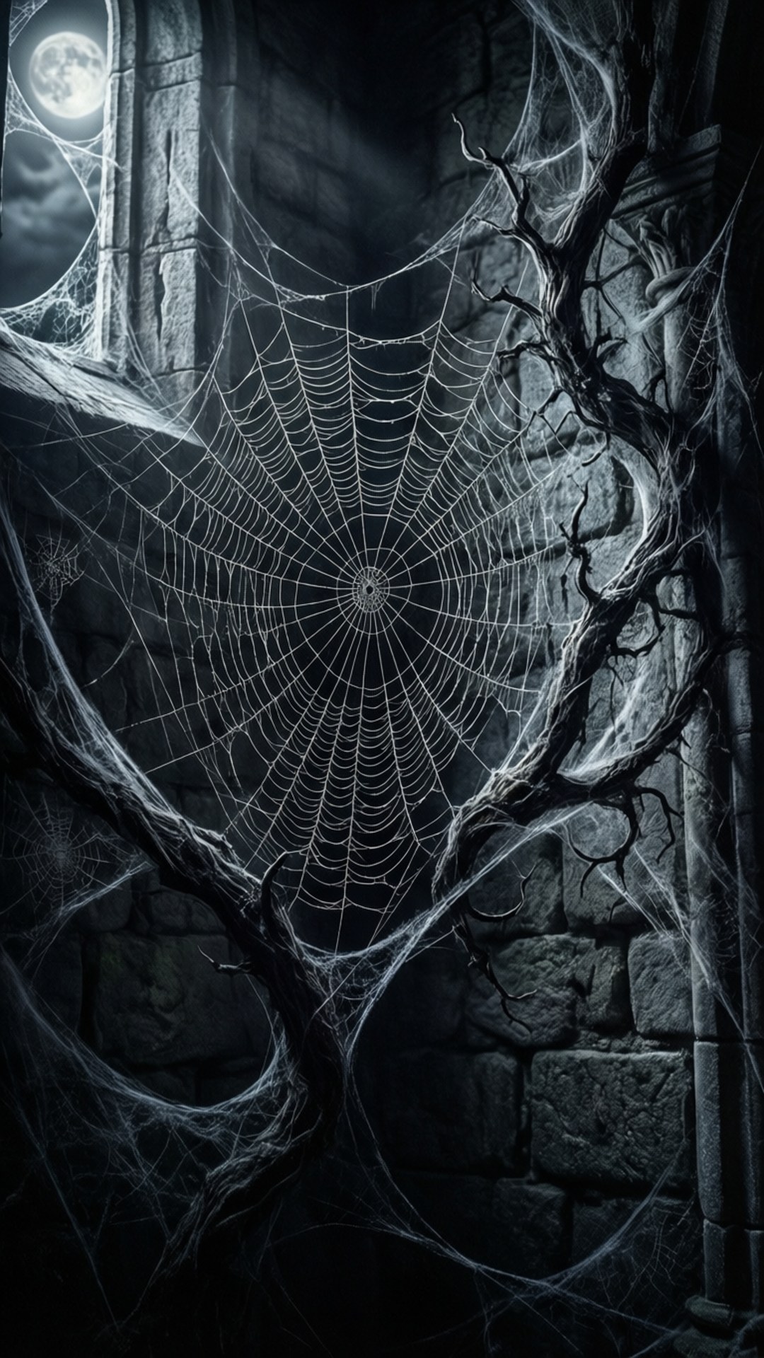 A dark, gothic corner spider web on a stone wall under moonlight.