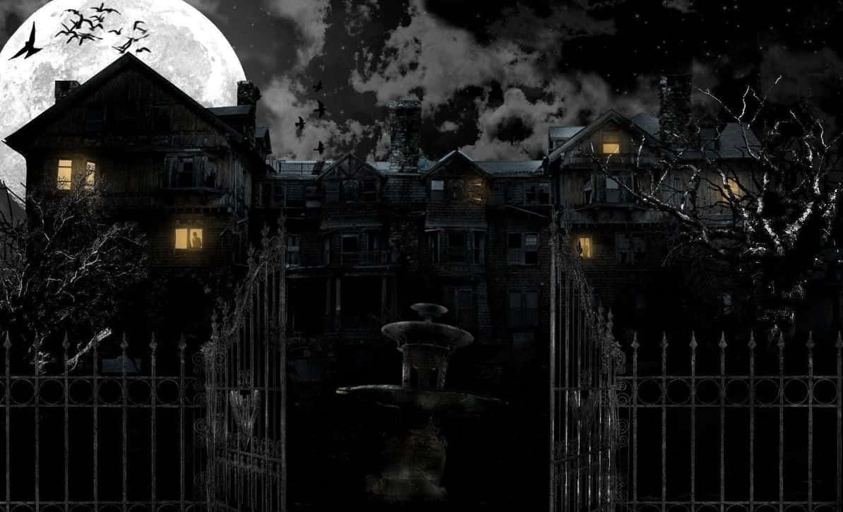 An ominously ethereal haunted house in the night sky