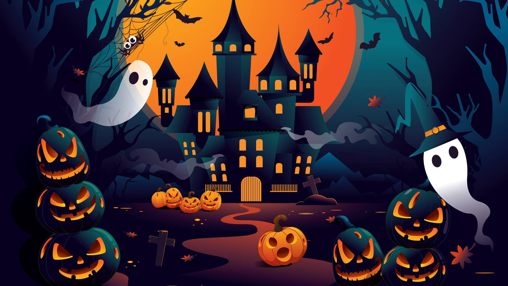 Escritoriode Halloween Con Lindo Casa Embrujada. Fondo de pantalla