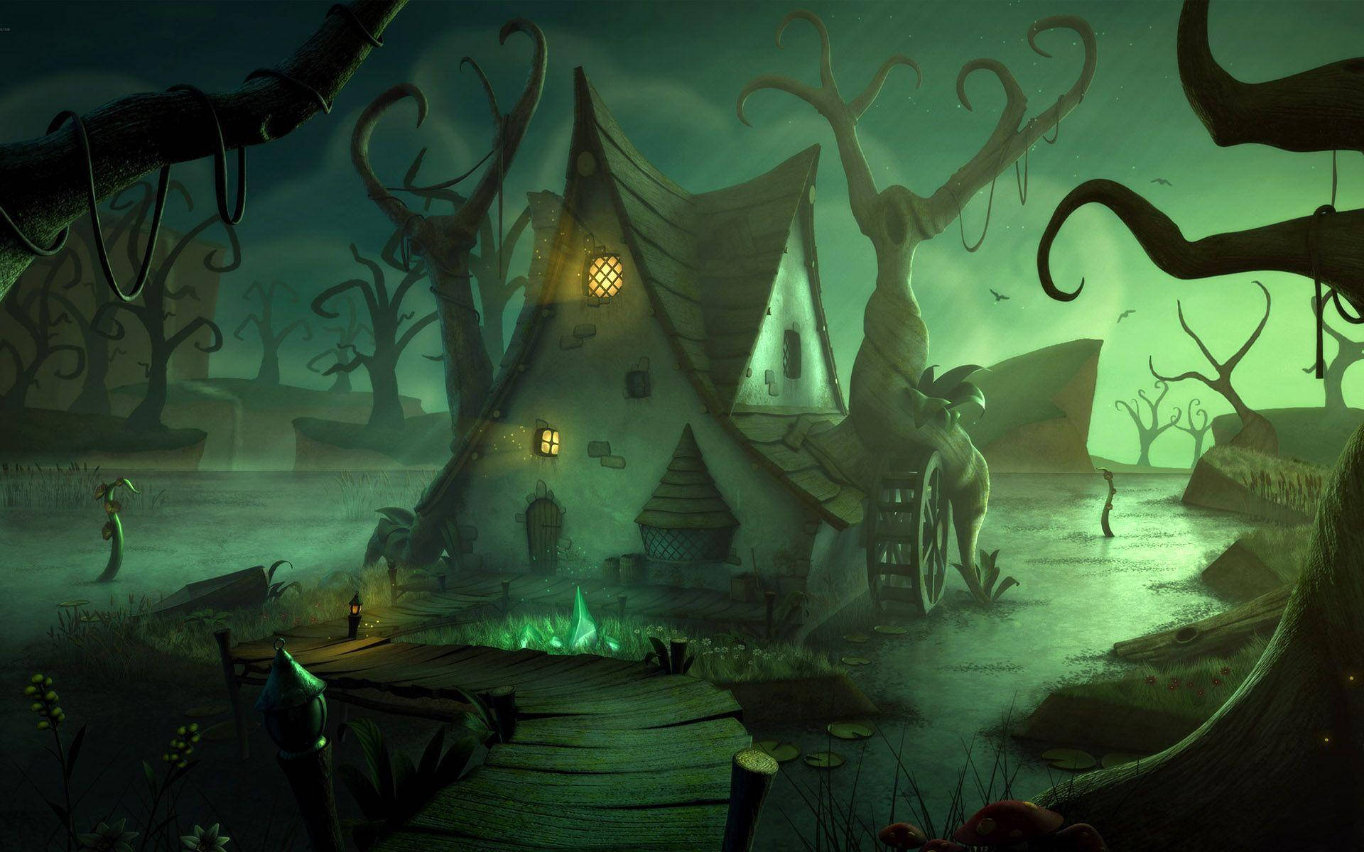 A spooky, haunted house during a creepy halloween night Wallpaper