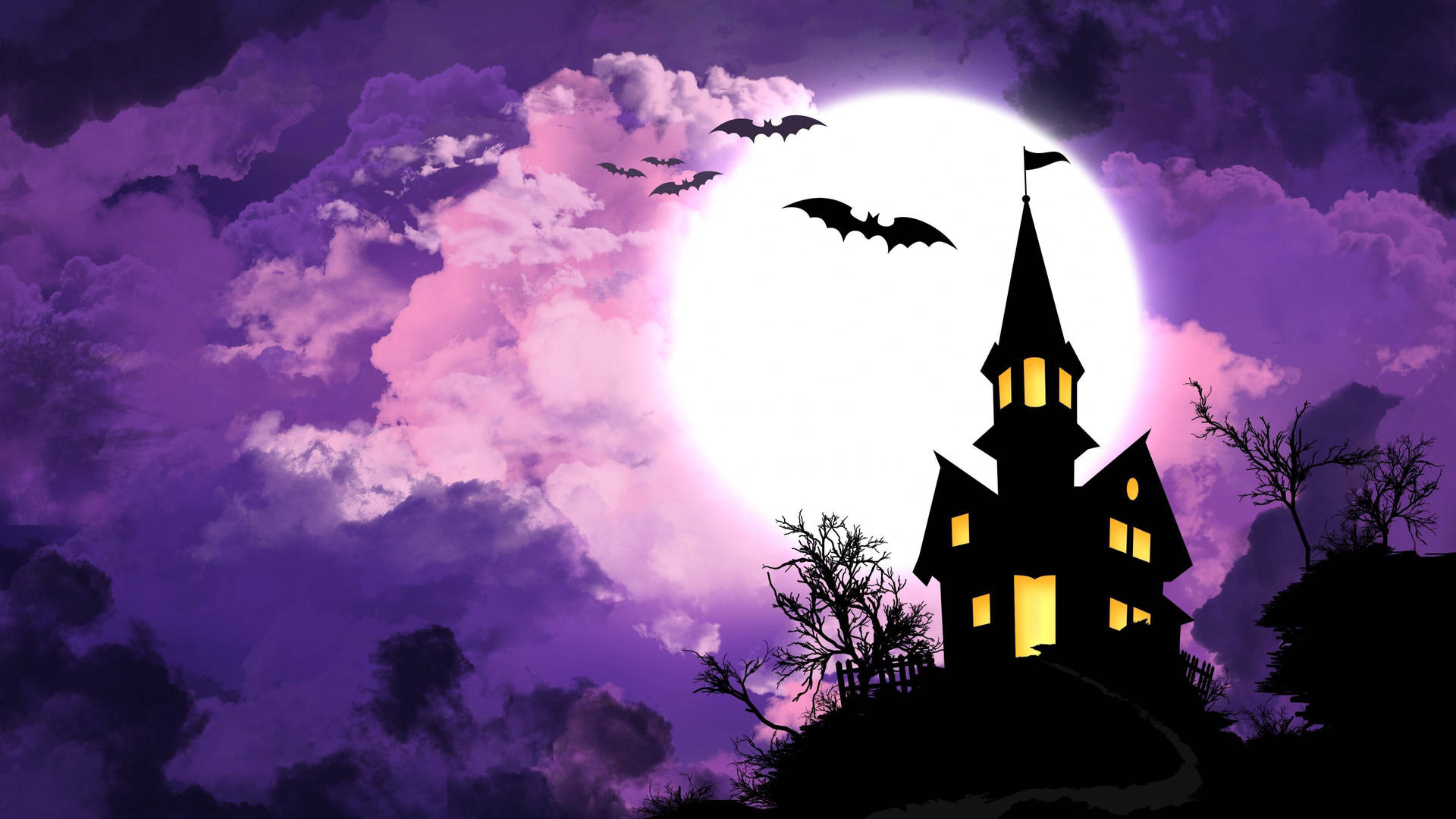 The moon casts a ghostly pall over a haunted house on Halloween night. Wallpaper