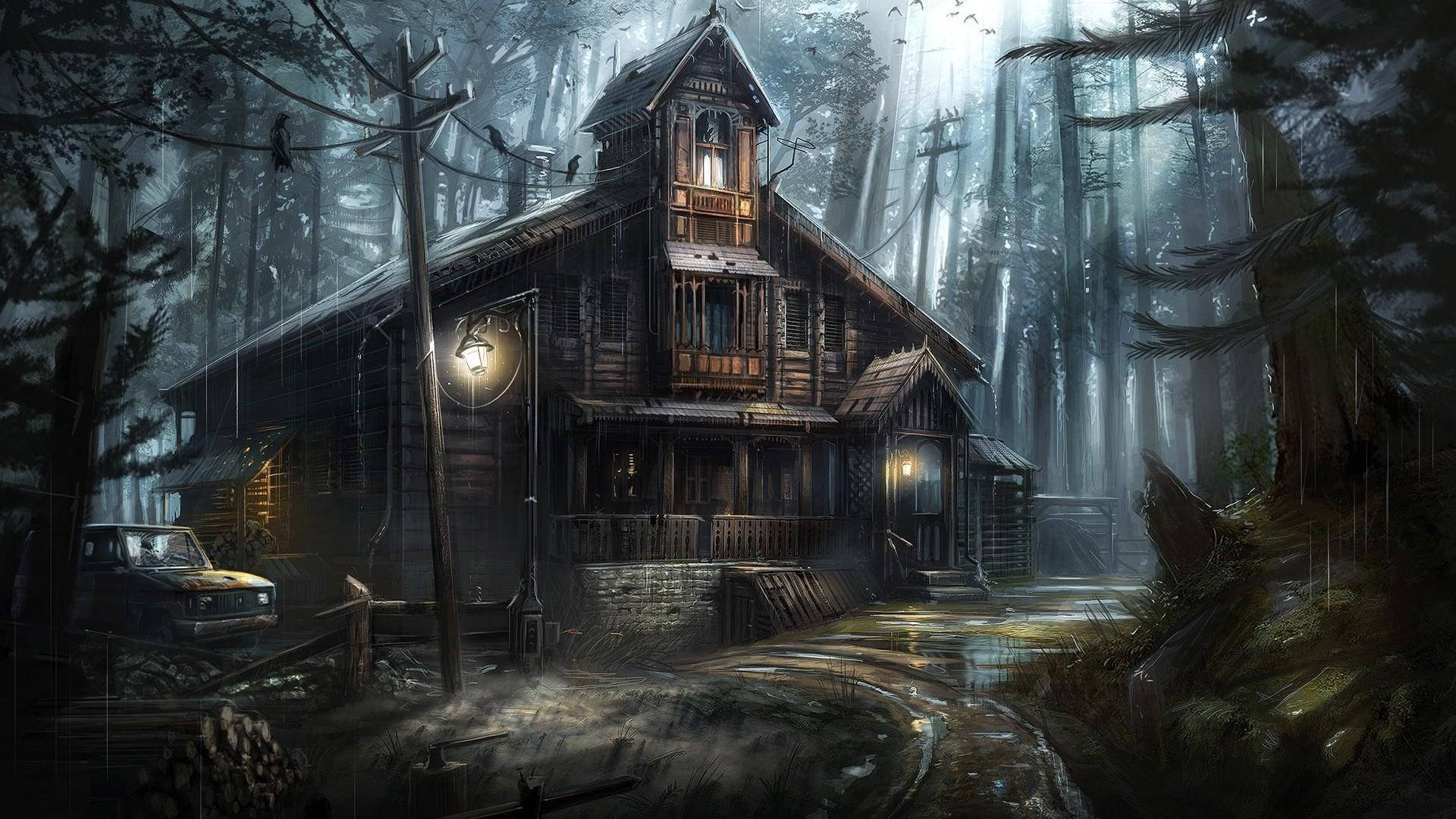 En spøgelseshus venter på Halloween-aften. Wallpaper