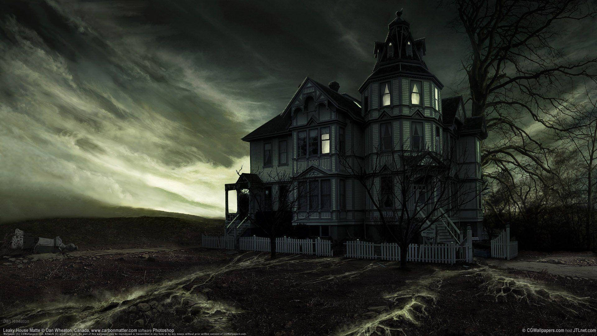Billede Halloween nat ved et skræmmende hjemsøgt hus; misfarvede huler og skumle træer Wallpaper
