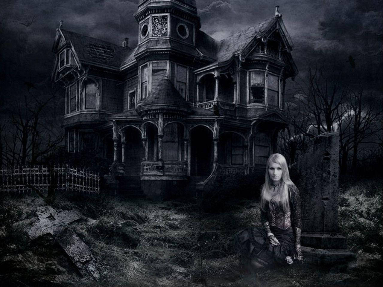 Et gammelt forladt hus fyldt med spøgelser og skræmme på tide til Halloween. Wallpaper