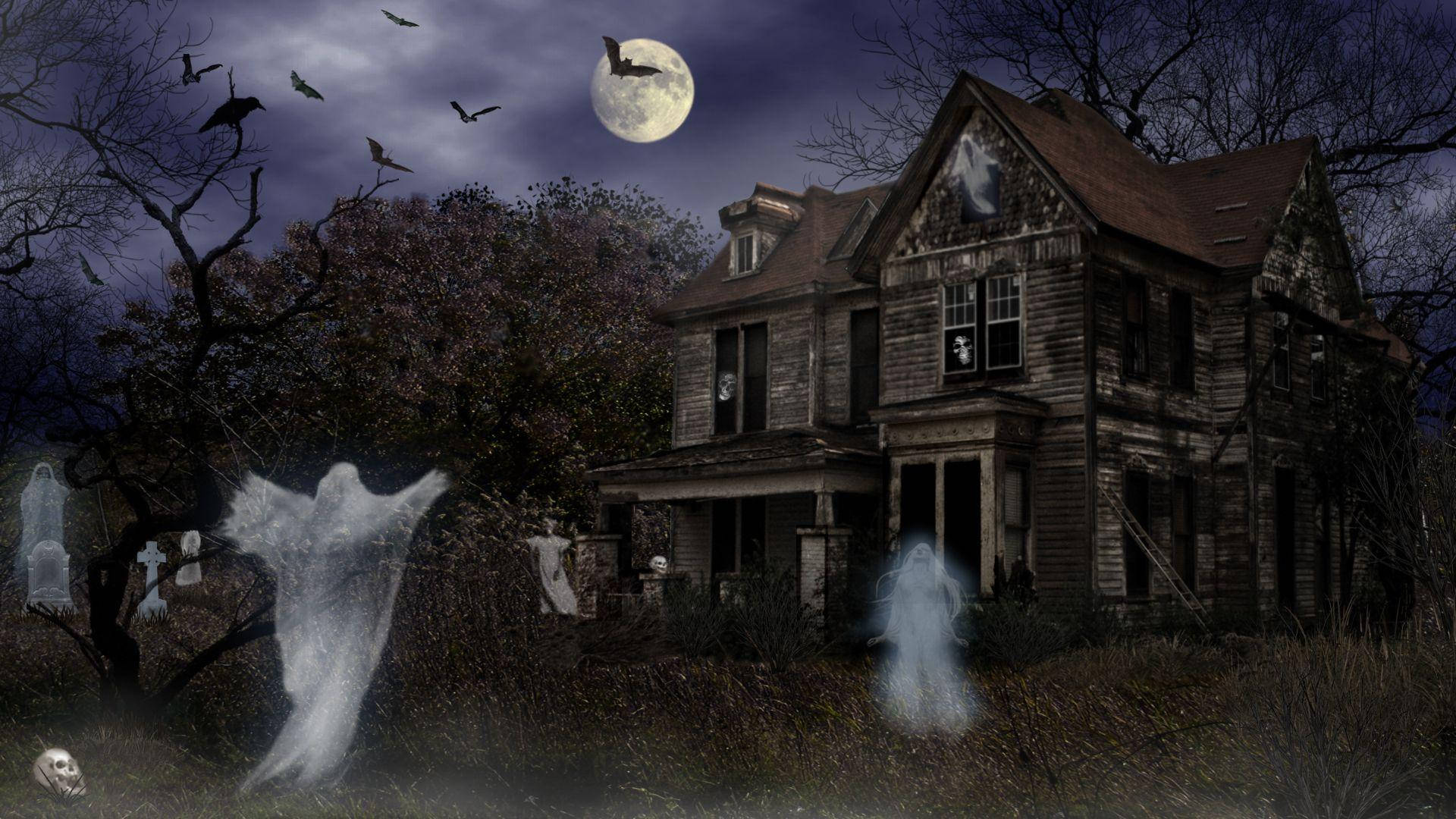 A Mysterious And Spooky Haunted House On Halloween Night. Wallpaper