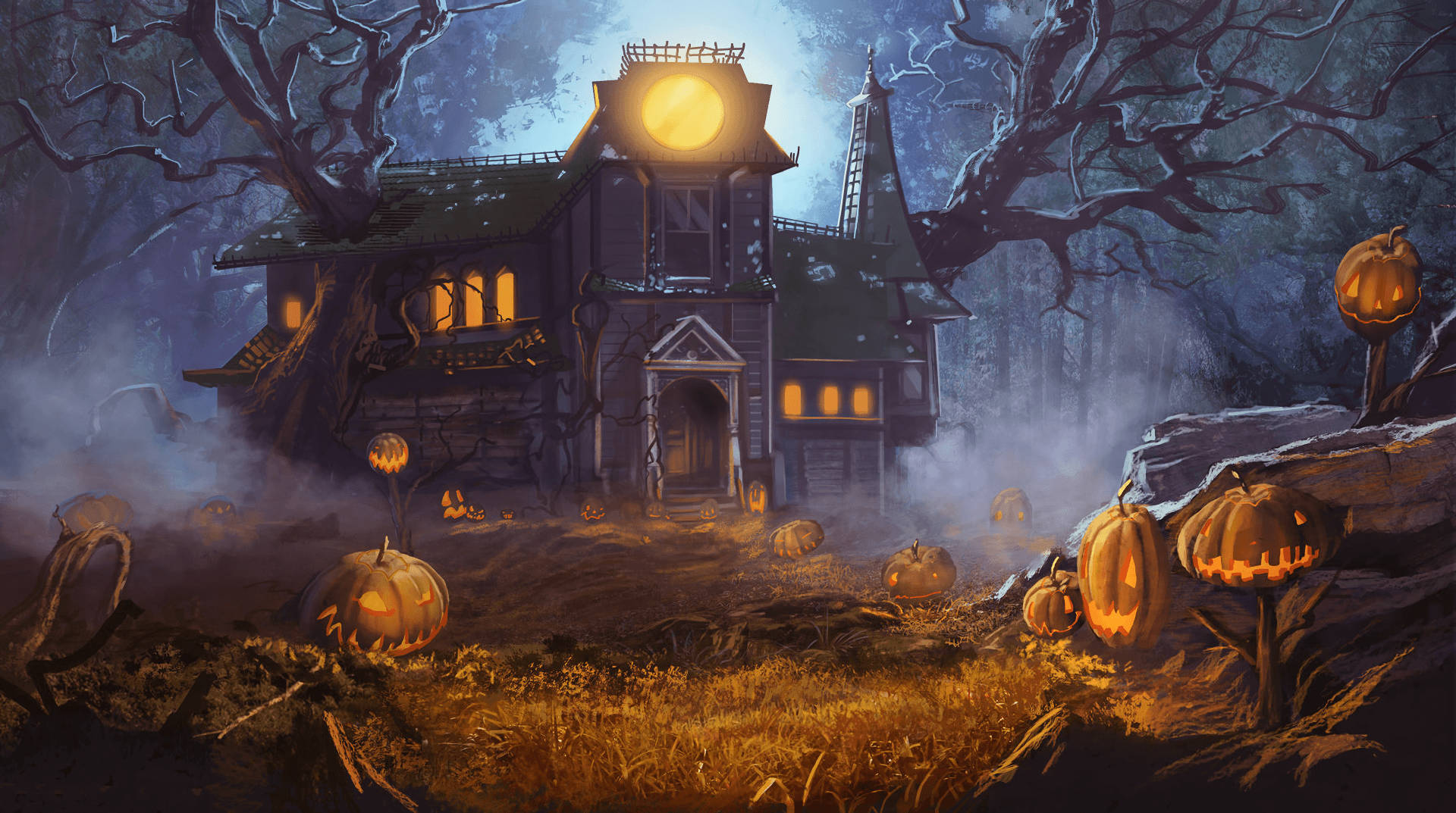 ¡bienvenidosa La Oscura Y Espeluznante Casa Embrujada En La Noche De Halloween! Fondo de pantalla