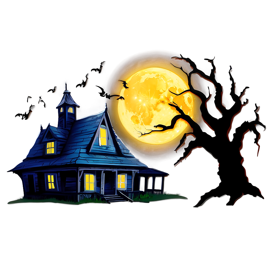 Haunted House Under Full Moon Png Hsw PNG